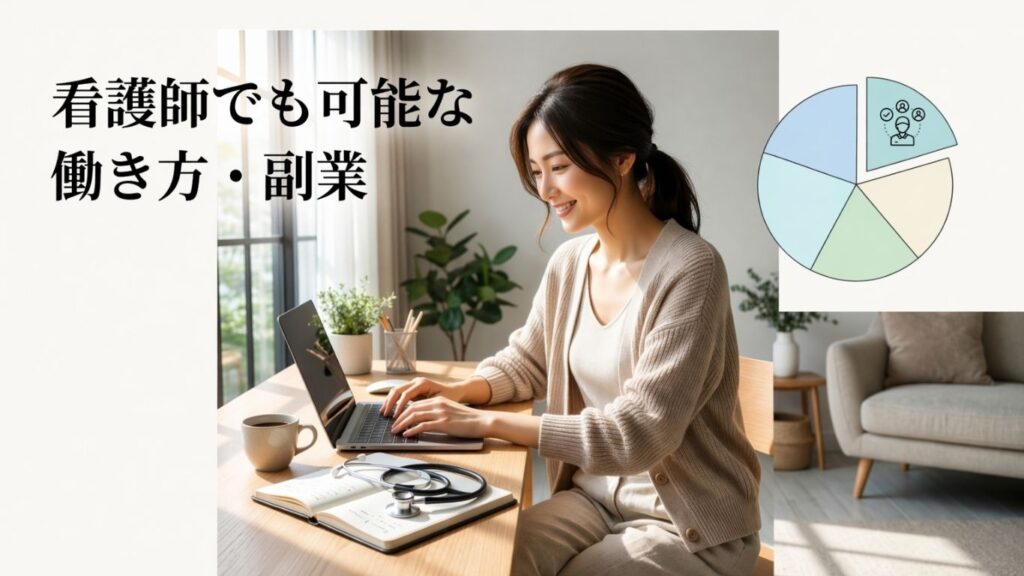 ママ看護師が楽しそうにパソコンを打っているデスクにはコーヒーがある画像